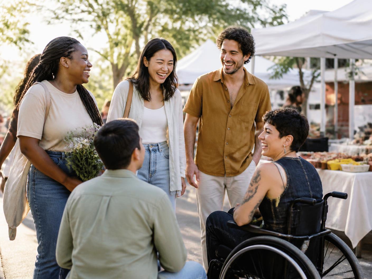A group of friends, including a woman who uses a wheelchair, talking and laughing at an outdoor market