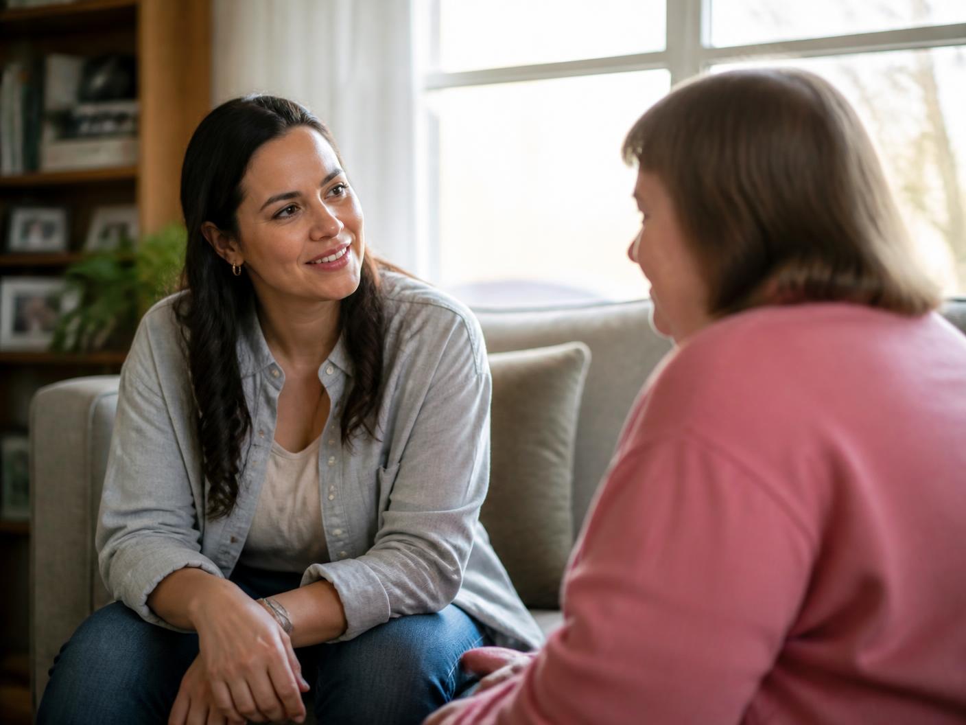 A support professional listening attentively to a woman during a conversation at home